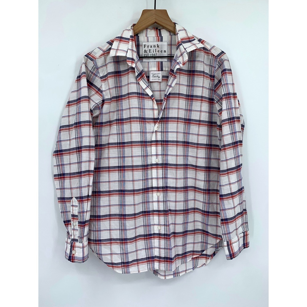 Frank & Eileen Shirt Womens Large Red White Blue Plaid Cotton Italy Frank Button